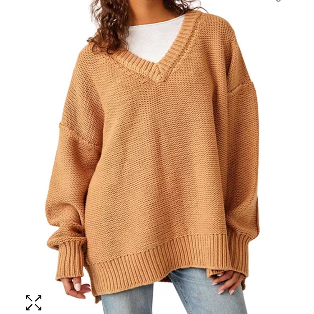 NWOT Free People Camel Brown Tan Alli V-Neck Heavy Knit Oversized Sweater Small